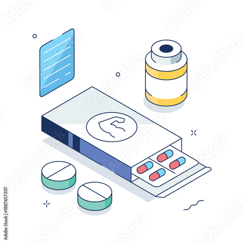 Isometric illustration showcasing fitness supplements and sports nutrition