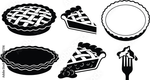 Flat design overhead set of pie icons whole lattice pie slice empty tart dish scalloped crust and fork with filling close up high contrast black silhouette