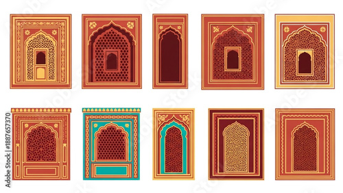 Set of Traditional Indian Mughal Style Window Frames and Jharokha Decorative Architectural Elements Isolated on White