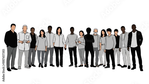 Diverse group of professionals standing together in a line, facing forward, in a flat illustration style