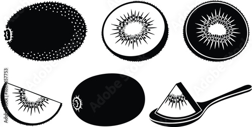 Flat design black and white kiwi fruit slices whole halved wedge and spoon close up top view vector art minimal kitchen food icon collection high contrast