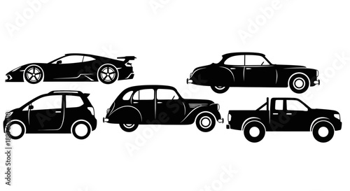 Collection of Diverse Car Silhouettes on White Background.