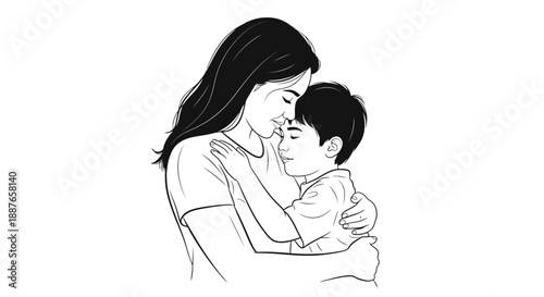 Mother Embracing Her Son With Love And Tenderness.