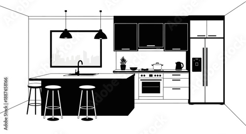 Modern Kitchen Interior Design Black and White Illustration.