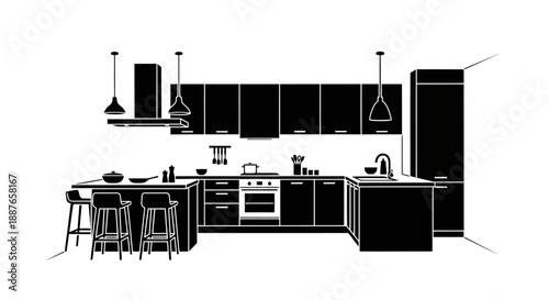 Modern Kitchen Interior Design Silhouette Black and White.