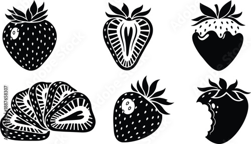 Linocut style sliced whole and bitten strawberries with chocolate dipped berry seeds leaves top view isolated bold black and white vector art set hand drawn icons