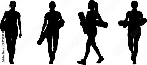 Black and white vector silhouettes of women walking with yoga mats, fitness girls holding gym equipment, healthy lifestyle concept, sport exercise illustration set.
