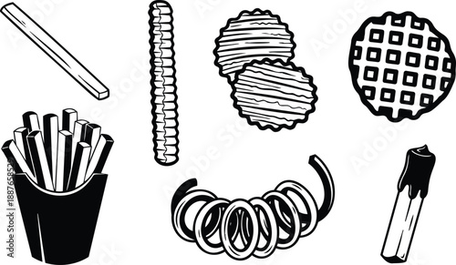 Line art assorted potato snacks top view isolated vector set showing french fries waffle chips curly sticks rings and ridged crisps simple black white outline