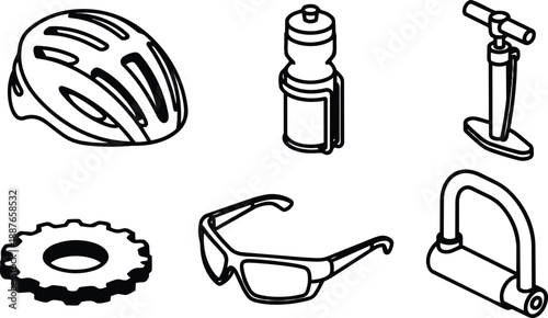 Line art isometric close up of bicycle helmet bottle pump gear cog sunglasses and u lock arranged on white background with clean outline minimalist vector