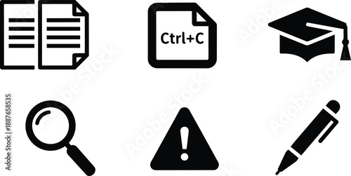 Flat design document copy icon set with file shortcut text graduation cap magnifier warning triangle pen arranged in neat grid on white background vector clean minimal
