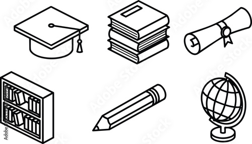 Line art isometric stacked books graduation cap rolled diploma pencil and globe beside bookshelf set of educational icons in simple black outline clean minimal vector style