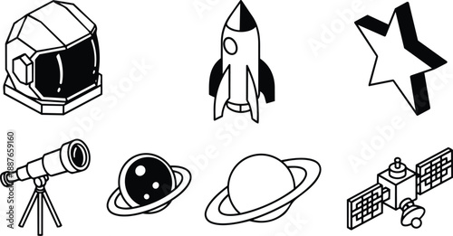 Isometric line art set of eight space icons astronaut helmet rocket star telescope planet ringed planet satellite in simple black and white vector front view isolated