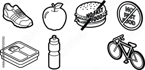 Line art icon set close up fitness and nutrition icons running shoe apple water bottle bicycle fast food badge weighing scale meal container simple outline