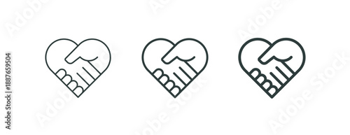Friendly agreement handshake partnership deal, corporate trust contract thin outline icon. Minimalist line symbol heart shape made from two shaking hands. Vector isolated pictogram for web and app.