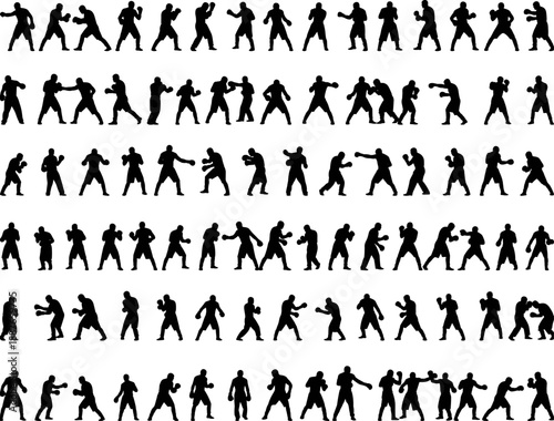 Large set of boxing silhouettes, fighters performing punches and defense moves, male combat sport athletes vector illustration isolated on white background.