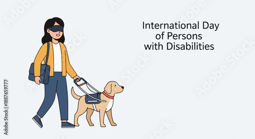 Woman with guide dog for disability awareness, illustrating International Day of Persons with Disabilities. Visually impaired person walks with assistance dog,