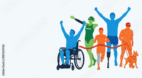 Graphic depicts para sports athletes celebrating finish line. Features wheelchair user, prosthetic runner, guide dog showing para sports ability. Use para sports for inclusion, accessibility,