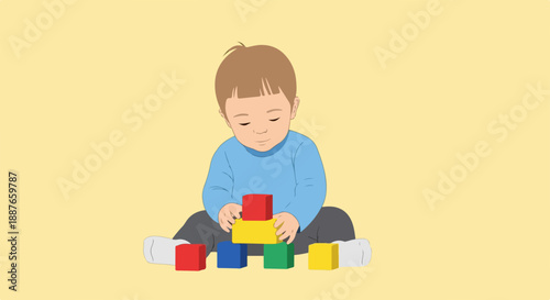 Little child playing blocks, building colorful tower with red, yellow, blue, and green pieces. Small child playing blocks develops fine motor skills and spatial reasoning during early education.