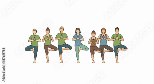 Diverse people doing yoga practice, balanced individuals in tree pose for flexibility and wellness. Yoga practice promotes strength, inner peace. Concept yoga practice for fitness studios,