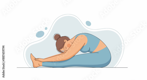 Woman practicing yoga pose seated forward bend stretch on mat. Calm female figure performs stretching exercise, improving flexibility with mindful yoga pose.