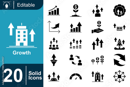 Set of 20 solid icons representing growth and development, including business, finance, and progress illustrations