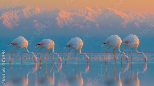 A flock of flamingos are walking in a body of water