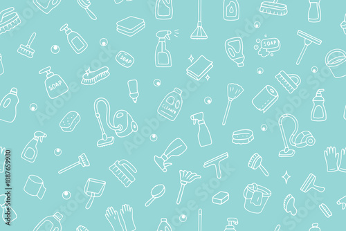 Seamless pattern vector illustration featuring various cleaning tools, including soap bottles, brushes, and vacuum cleaners on a teal background. Ideal for cleaning and hygiene themes.