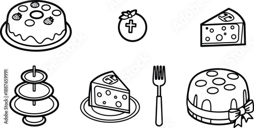 Line art vector food icon set cake slice fork tiered tray whole cake with bow easter egg with cross simple outline style plate close up minimal