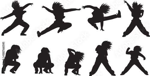 Silhouette dance poses Dynamic and energetic female dancers captured in various athletic and expressive movements
