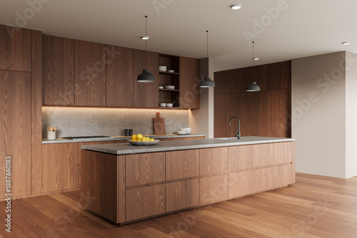 Obraz na płótnie Modern interior kitchen with wooden cabinetry, island countertop, minimalist lighting, and natural tones in a stylish architectural design