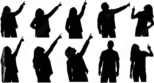 Set of black vector silhouettes featuring men and women pointing fingers up, looking upwards, indicating direction or showing something, isolated figures on white background.