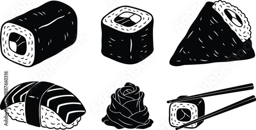 Hand drawn line art sushi set with nigiri maki temaki ginger rose and chopsticks isolated on white vector food icons bold black ink minimalist graphic illustration