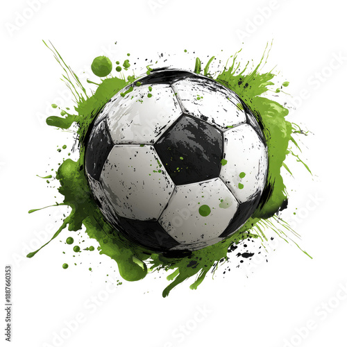 A graphic illustration featuring a soccer ball encompassed by green paint splatter