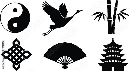 Flat design black silhouette set of asian symbols yin yang crane bamboo knot folding fan and pagoda arranged on white background simple minimal modern ornamental