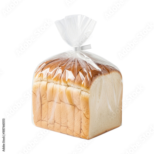 A fresh loaf of pre-sliced white bread, perfectly packaged in a clear plastic bag, ready for convenient everyday use, ideal for toast, sandwiches, or as a versatile staple in any kitchen