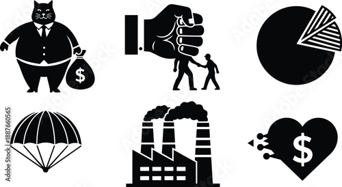 Flat design silhouette showing corporate cat with money bag and giant hand grabbing people beside pie chart parachute factory and heart with money symbol economic inequality