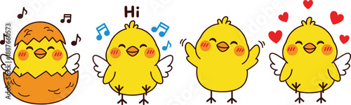 Cute baby chick cartoon character set. Funny yellow chicks with emotions, music, greetings, and love symbols. Kawaii bird illustrations for kids design, stickers, and emojis.