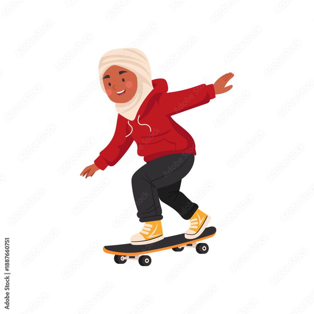 Fototapeta premium Diverse Young Muslim Girl Skateboarding Illustration