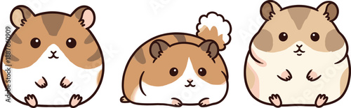 Cute hamster cartoon character vector set. Adorable chubby hamsters sitting and resting in flat style. Pet rodent illustrations for kids design, stickers, and education.