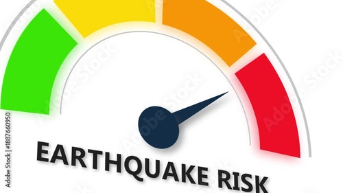 Animated earthquake risk meter showing movement from low level to high level, ideal for illustrating seismic activity, geological instability, and natural disaster preparedness.