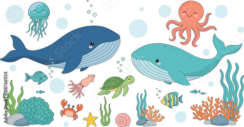 Cute ocean animals vector set. Cartoon whales, turtles, fish, octopus, and jellyfish underwater. Adorable sea life illustration for kids, nursery, and educational designs.