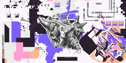 Futuristic digital art collage with geometric structures and tech textures