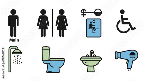 Collection of public restroom and bathroom icons and symbols.