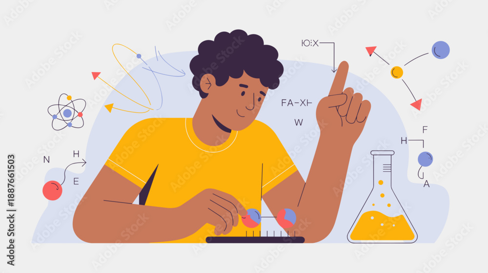 Fototapeta premium student conducting a physics experiment with atoms and molecules vector illustration