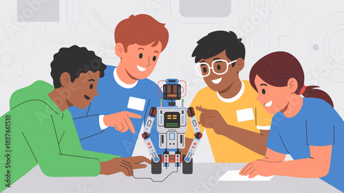 diverse group of students collaborating on a robotics project vector illustration