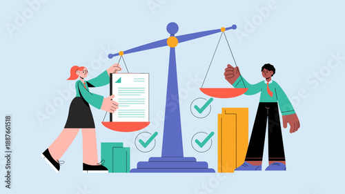 lawyers balancing evidence and arguments on the scales of justice vector illustration 