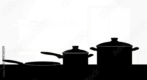 Silhouette of three cooking pots and a frying pan.