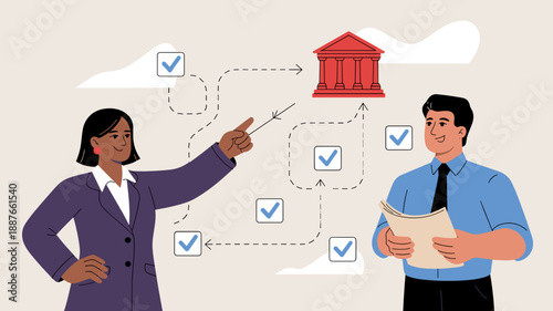 black woman lawyer guiding a client through the legal process with a flowchart roadmap vector illustration