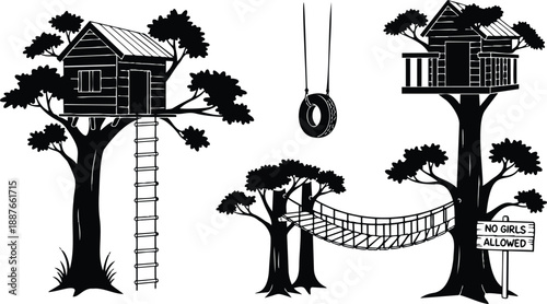 Silhouette vector treehouse scene with tire swing rope bridge ladder no girls sign between tall trees wooden cabin backyard hideout playful adventurous childhood nostalgia