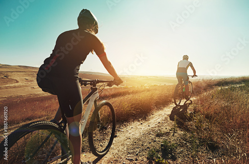 Wallpaper Mural Fitness, back or men on outdoor trail with bike, endurance training or support in cardio workout. Motivation, flare or cyclist with bicycle, physical activity or sports goal in exercise challenge. Torontodigital.ca